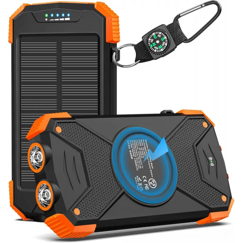 10,000mAh Lithium Solar Power Bank - Portable Wireless 20W Fast Charging External Battery Pack with USB-C, Waterproof Solar Panel, Dual Flashlight for Camping, Smartphones & Other Devices