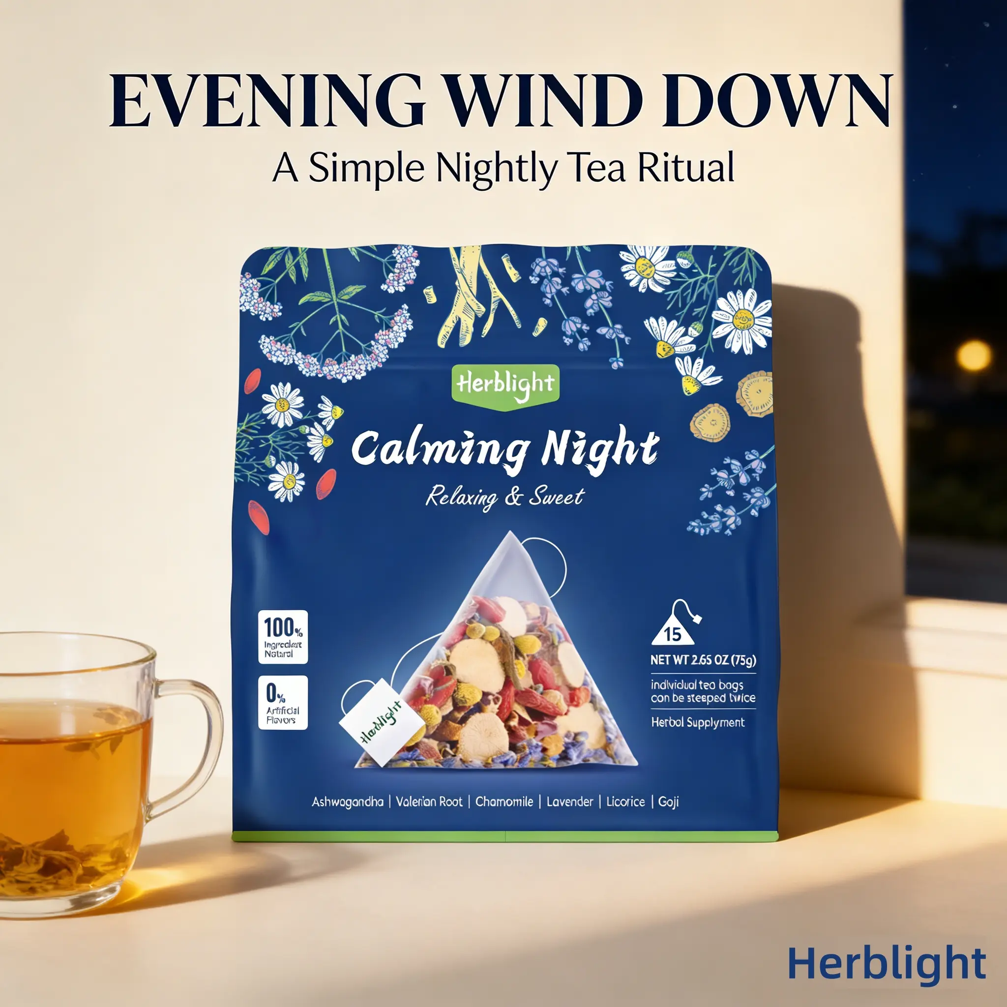 Herblight Calming Night Tea | Ashwagandha Chamomile Lavender & Licorice Blend | All Natural Herbal Tea for Sleep Support & Stress Relief | Caffeine-Free | 2.6oz