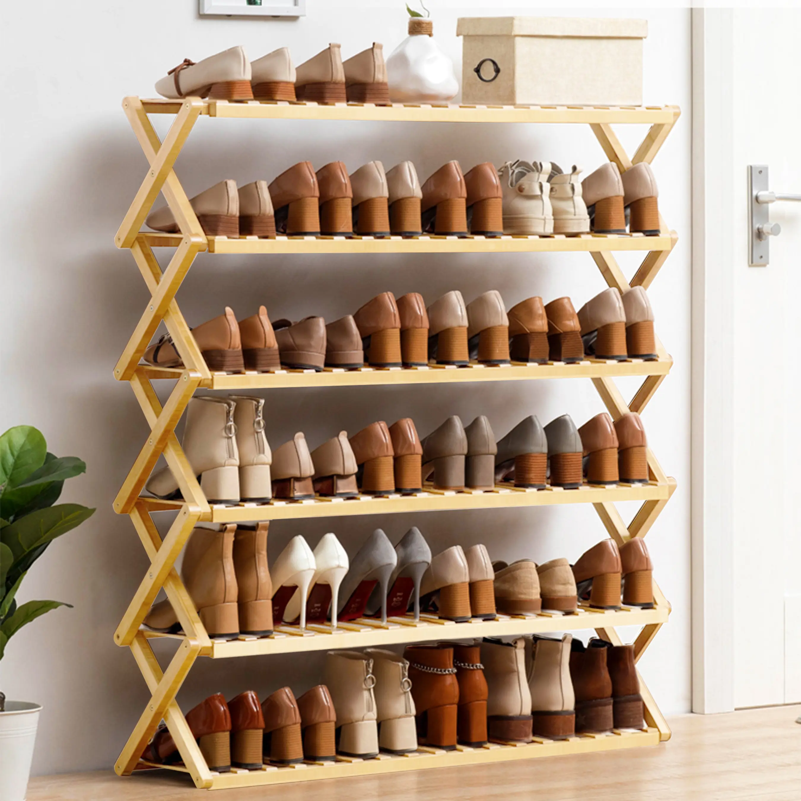 Multi-Layer Foldable Shoe Storage Organizer, Free-Standing Space-Saving Shelf for Entryway, Closet Multi-Layer Foldable Shoe Storage Organizer, Free-Standing Space-Saving Shelf for Entryway, Closet