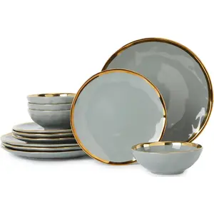 Porcelain Luxury Dinnerware Sets, and Sets for 4, Chip and Crack Resistant, Grey and Gold Rim China Dishes Set for Wedding Anniversary