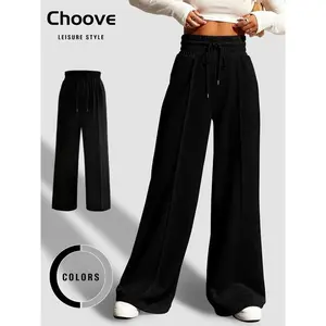 Women’s drawstring high-waisted seam-front wide-leg pants, casual comfortable loose fit elastic-waist straight-leg pants for daily wear, fashionable women’s clean girl clothes, fall outfits, freshness clothes