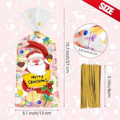 100 Pcs Christmas Treat Bags - Cute Merry Christmas Cellophane Bags, Plastic Christmass Gift Bags Bulk, Clear Winter Xmas Candy Cello Goodie Bag with Twist Ties for Xmas Party Favors Supplies