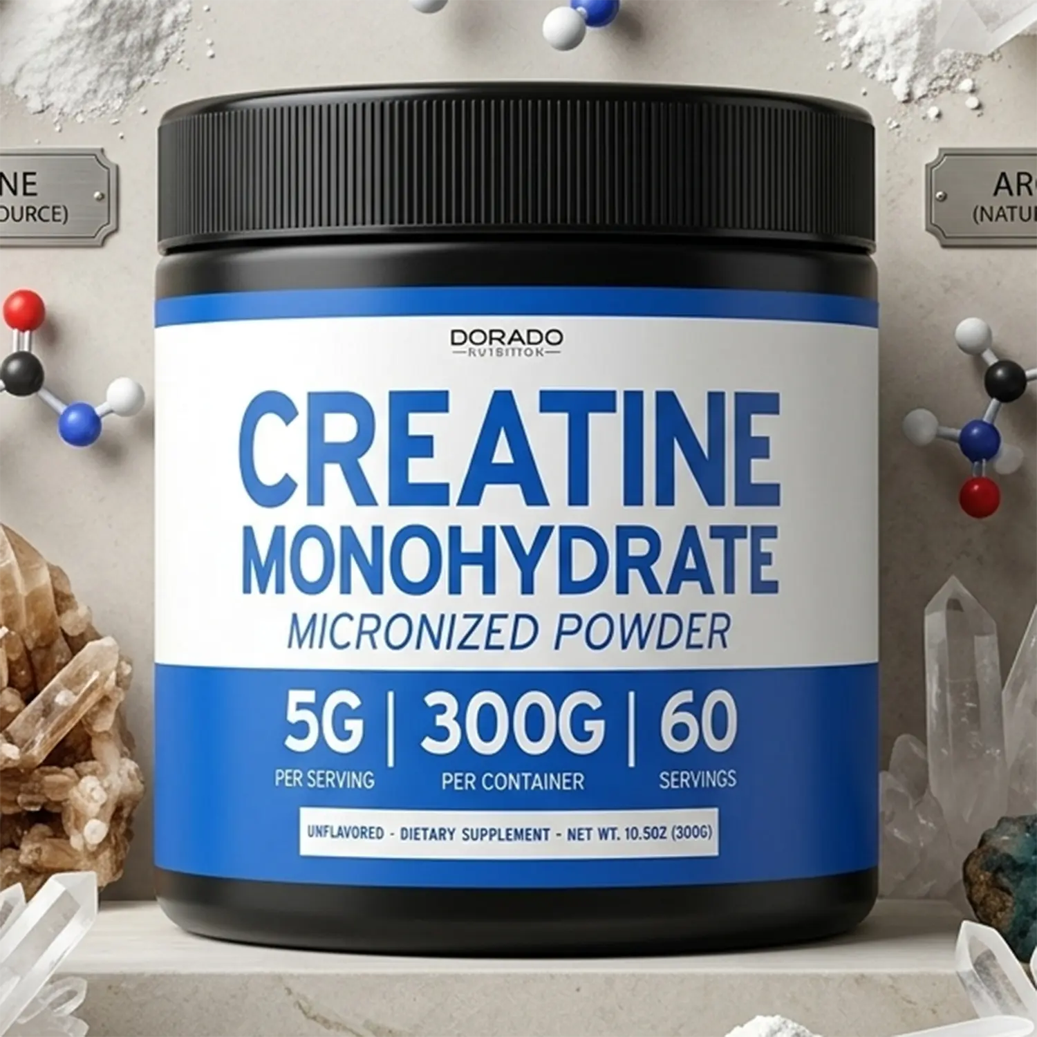 Dorado Nutrition Micronized Unflavored Creatine Monohydrate Powder - 5g Per Serving, 60 Servings (300g), Pure Dietary Supplement, Fitness Support, Muscle Support, Energy & Recovery, Non-GMO, Vegan, Transparent Ingredients