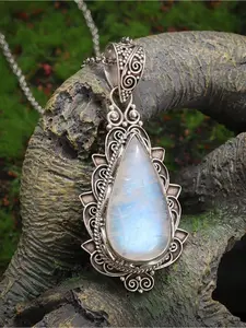 1pc Bohemian Style Moonstone Teardrop Pendant Necklace for Men & Women, Fashionable Synthetic Gemstone Jewelry Accessory Gift with O Shape Chain, Boho Style Necklace