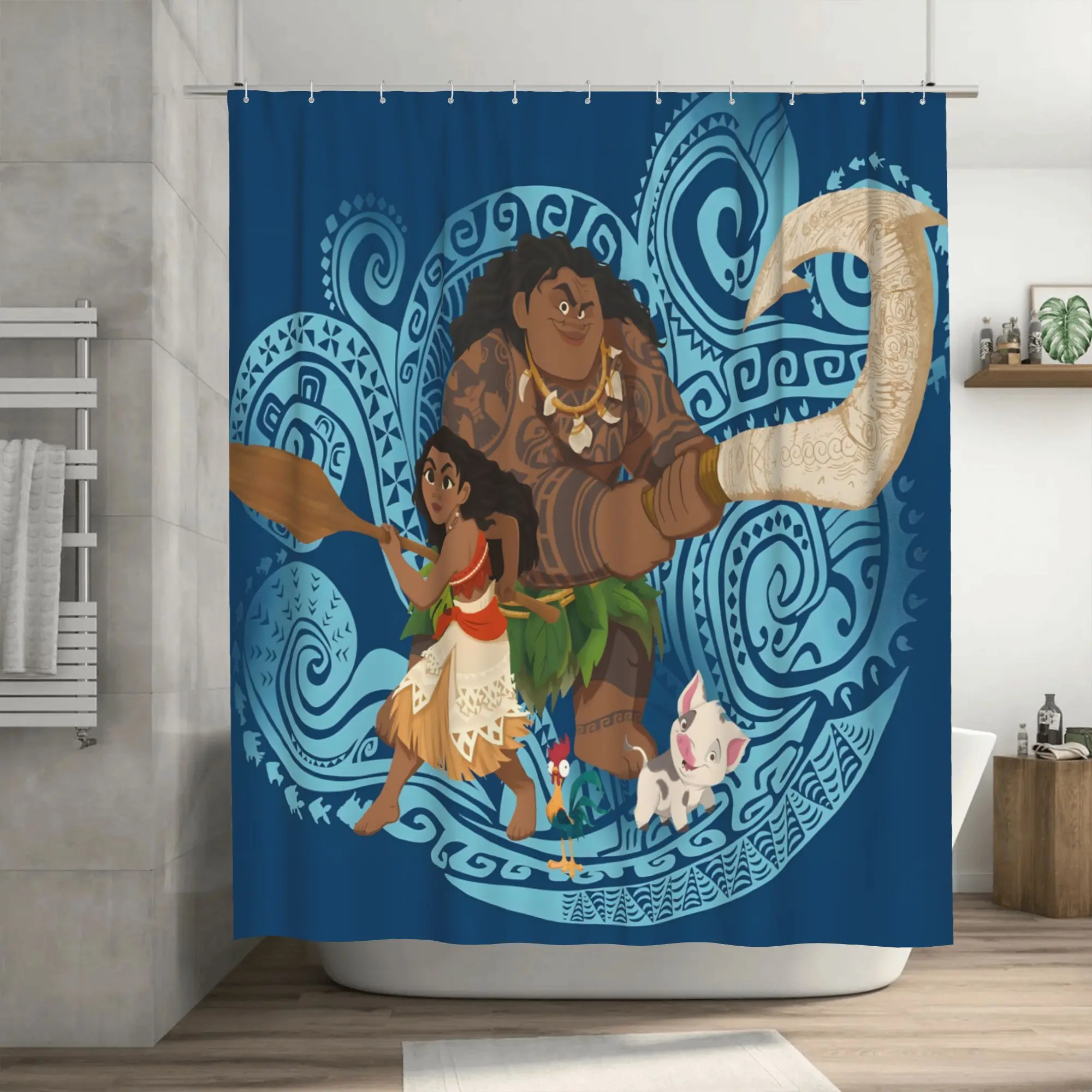 DISNEY CLASSIC Moana Shower Curtain, Tribal Ocean Print with Moana Maui Pua & Heihei, Waterproof Fabric Bathroom Curtain with Hooks, Moana Bathroom Decor for Kids Fans