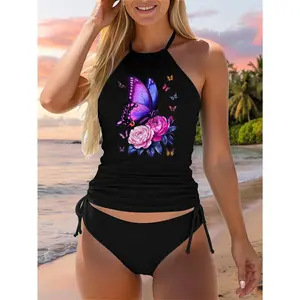 Beautiful Butterfly Purple Rose Butterfly Lovers Women Two Piece Swimsuit