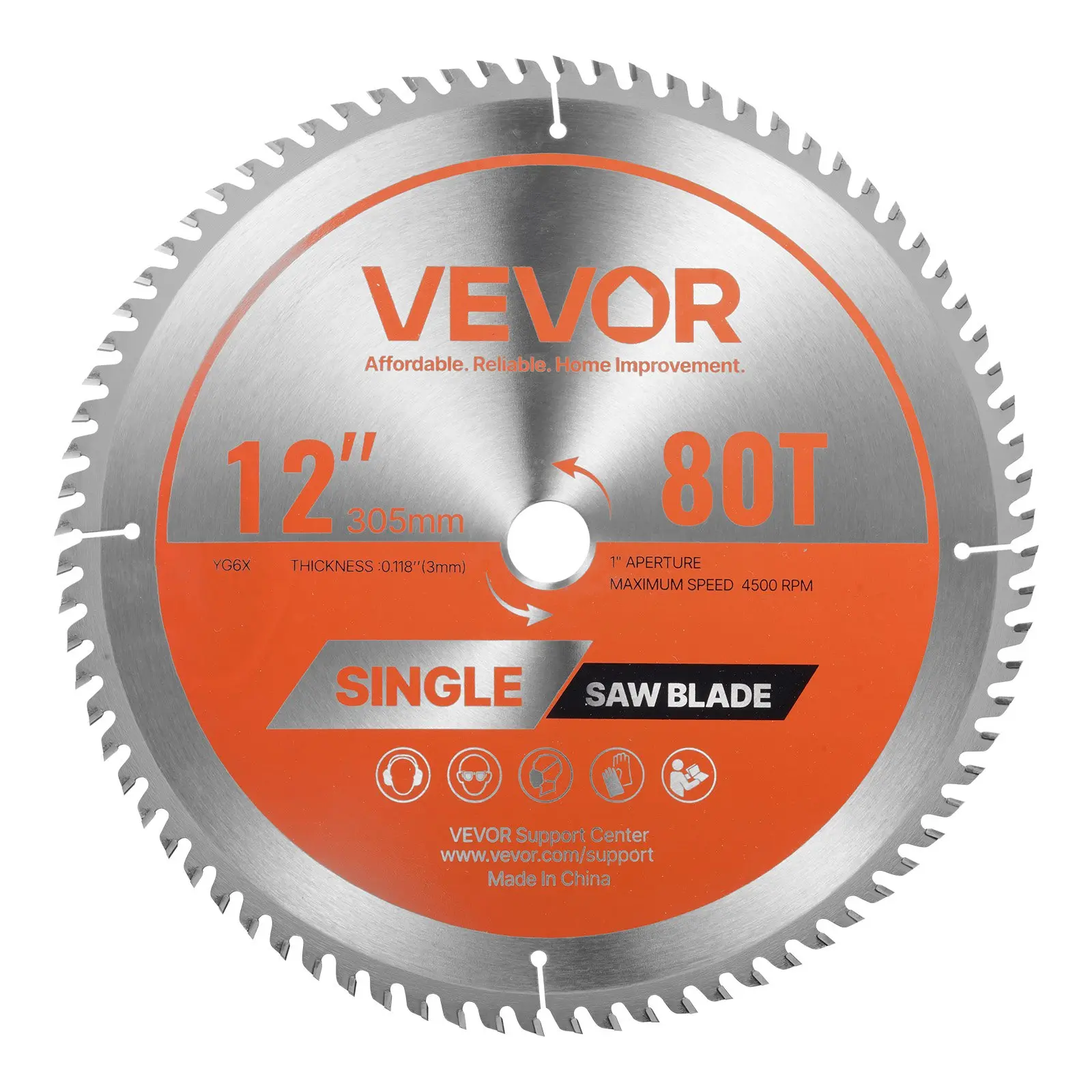 【DealsForYouDays】VEVOR 12" Dia. Alloy Steel Circular Single Blade, 80 Teeth, 1 in Arbor, 0.118 in Thickness, 305-3.0-25.4 Specs, 2.40 lbs, 4500 rpm, Fine Finish, Noise-Reducing Heat Vents, Efficient Cutting, Enhanced Precision for Plywood, Hardwoods