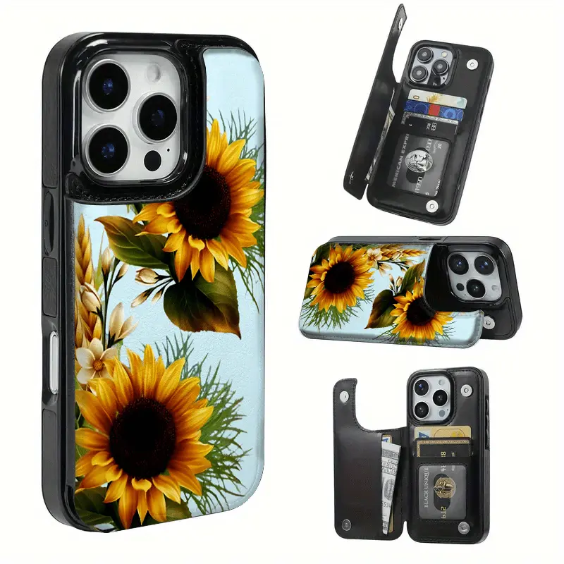 Blue Background Yellow Sunflower Creative Pattern Leather Card Holder Phone Case,Suitable for iPhone 17 Air/16 Plus/15 Pro Max/14 Pro/13/12/11/XS Max/X Phone Case, Ideal Gift for Thanksgiving and Christmas for Family, Friends, Lovers,Boyfriend, Girlfriend