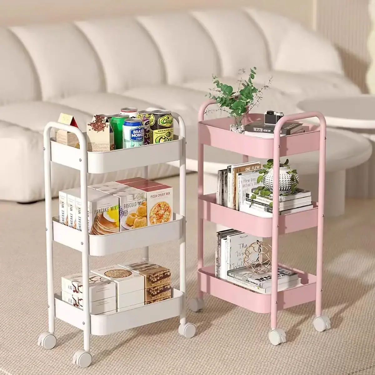 Heavy Duty Metal Mesh 3-Tier Rolling Storage Cart with Lockable Wheels, 66lbs Max Capacity - Cart with Wheels, Bathroom Organizer, Closet Organizer for Kitchen, Office, Garage - Storage Organization, Apartment Accessories