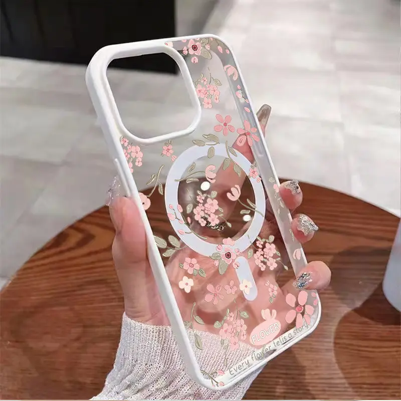 Graffiti Style Small Pink Flowers Macaron Aesthetic Plastic Phone Case - Protective Cellphone Cover with Suction Capability, Multiple Color Options, Compatible with iPhone 17,17 Air,16,15,14,13,12,11 Smartphone Accessories, Protection