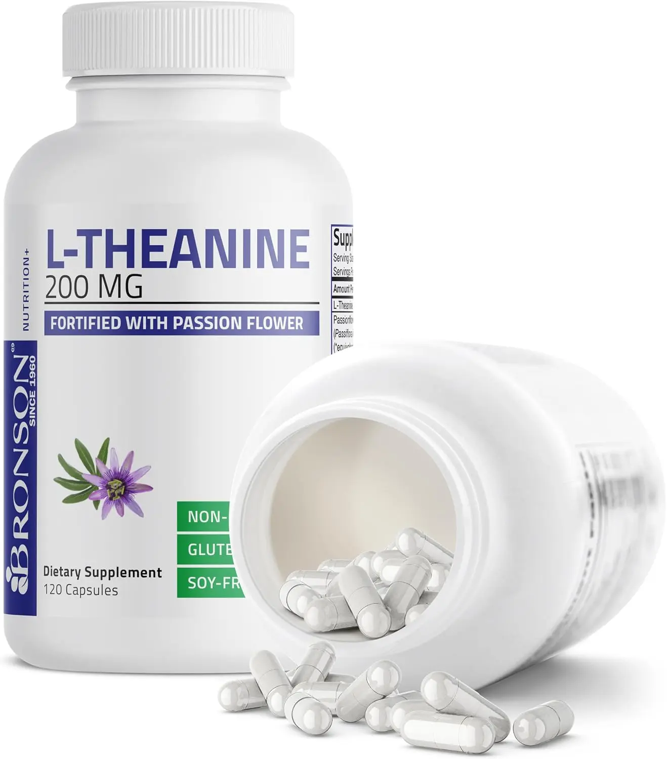Bronson L-Theanine 200 mg with Passion Flower, Stress Support, 120 Capsules | Promotes Relaxation Without Drowsiness, Supports Healthy Mood, Non-GMO, Gluten-Free & Soy-Free