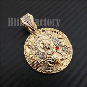 JEWELR ICED GOLD PLATED SANTA BARBARA MEDAL CUBIC ZIRCONIA CHARM PENDANT