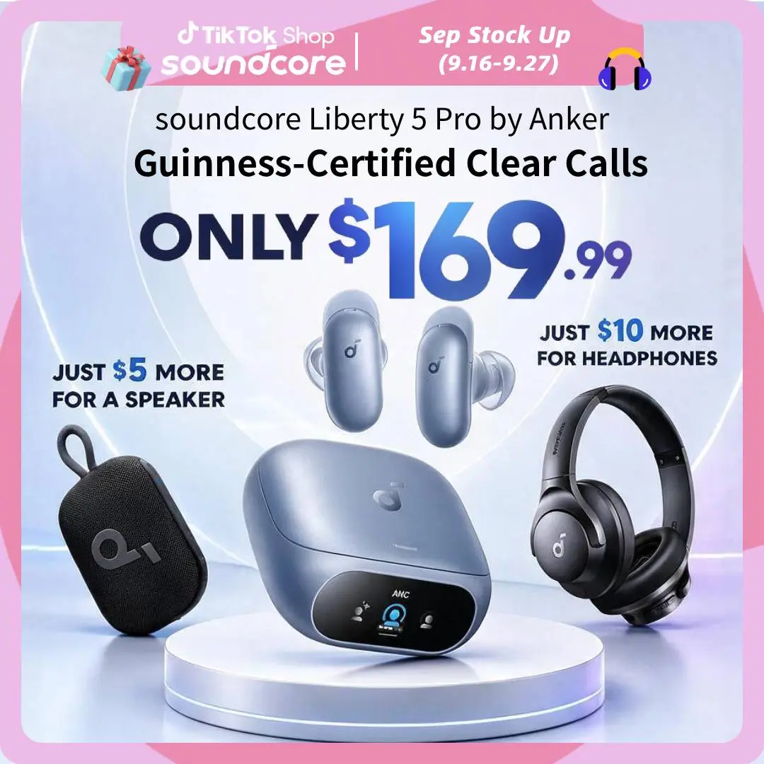 soundcore Liberty 5 Pro by Anker, Exclusive Limited: Add $5/$10 for Extra Premium Gift, Guinness World Records-CertifiedCall Quality, ANKER Thus AI Chip, Active Noise Cancelling Wireless Earbuds, Crystal-CTear Calls for Noisy Environments, Headphone, Blue