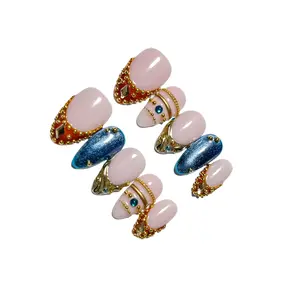 NailBee Nude Almond Press On Nails with Blue Glitter & Gold Metal Bead Gem, Handmade Luxury Vintage False Nails 10Pcs for Women Wedding
