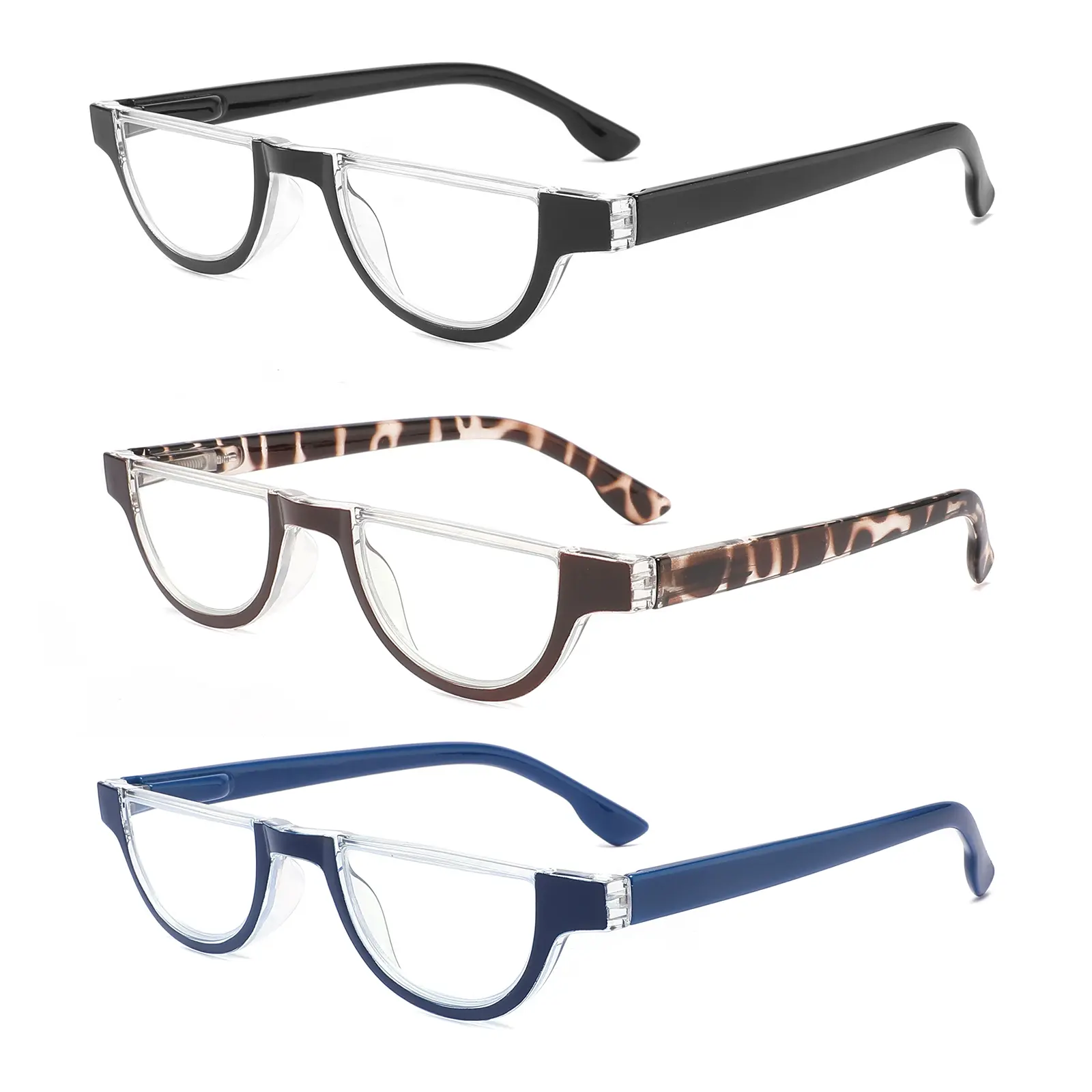 Toveen Fashion Half Moon Frame Reading Glasses for Men & Women, Blue Light Blocking UV400 HD PC Lenses, Retro Bifocal Flat Top Rimless, Spring Hinges, Eyeglass Lanyard, Hard Spectacle Case