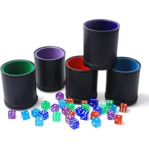 5 Pack PU Leather Dice Cups Velvet Felt-Lined Shaker Cups with 30 Dot Dice for Bar Party Yahtzee Farkle Dice Games