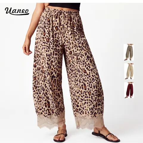 UANEO Women's  Leopard Velvet Lace Hem Pants, Cropped Wide LegTrousers with Elastic Drawstring Waist and Pockets, SoftCasual Chic Pants