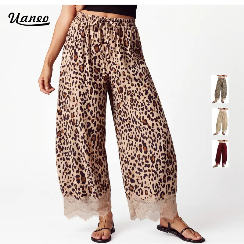 UANEO Women's  Leopard Velvet Lace Hem Pants, Cropped Wide LegTrousers with Elastic Drawstring Waist and Pockets, SoftCasual Chic Pants