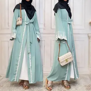 1405# Beautiful premium nida open abaya with white lace and pockets in spring summer colors for islamic muslim ladies