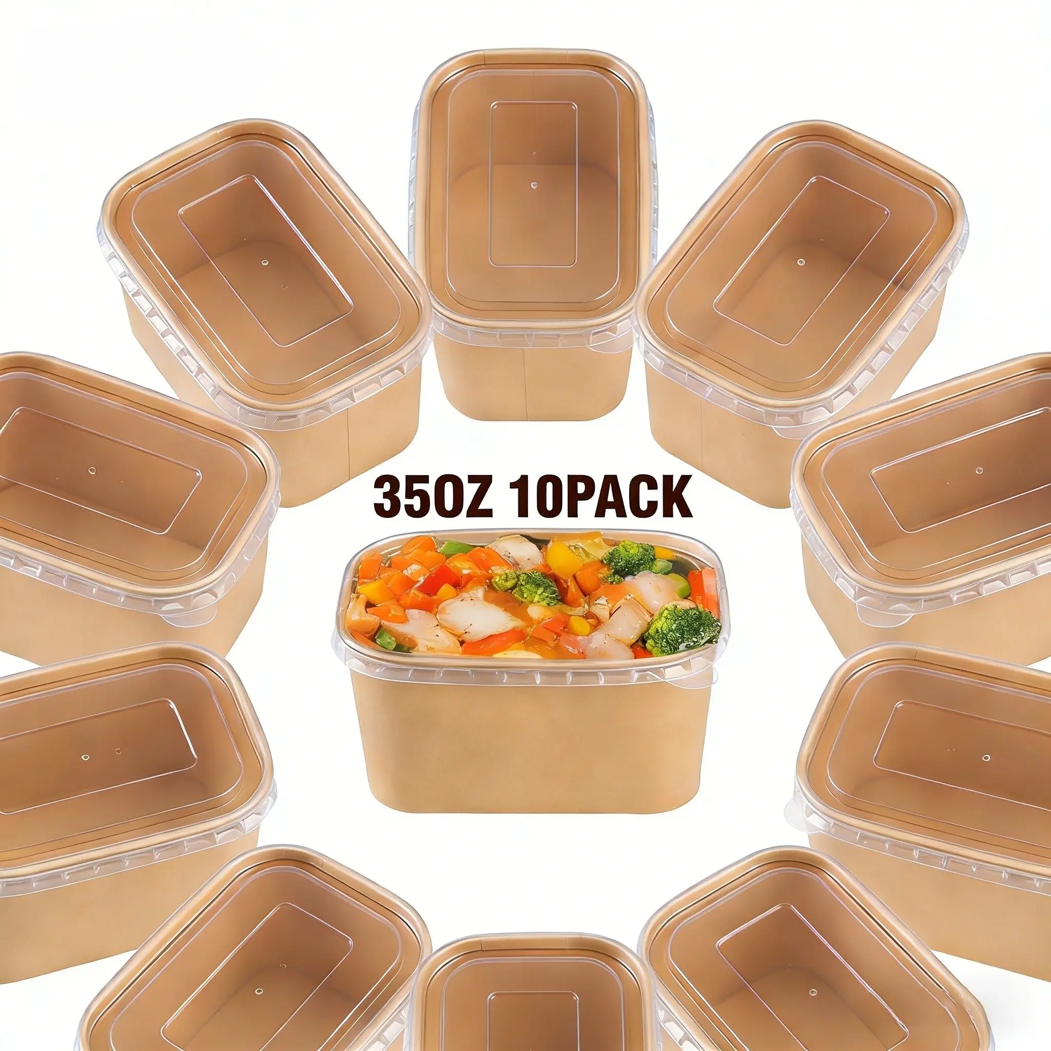 10 PACK 35 OZ Paper Bowls with Lids, Kraft Paper Food Containers with Lids for Salads, Ice Cream, Yogurt, Party Use, Disposable Dinnerware, Disposable Tableware, Paper Meal Prep Containers Leak-Proof, Microwavable & Freezer-Safe for Takeout