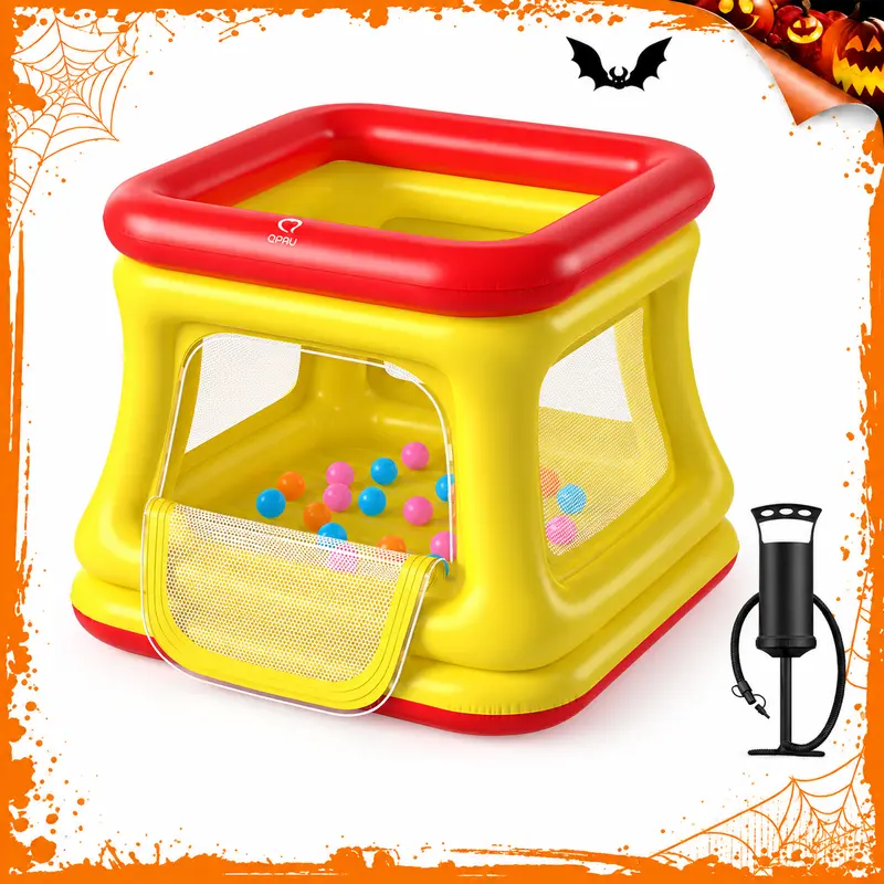 QPAU 3-in-1 Inflatable Play Center with 32 Ball Pit Balls & Pump, Toddler Bouncer, Ball Pit & Playpen for Ages 1-3, Mesh Enclosure, Indoor & Outdoor Play, Halloween Gifts