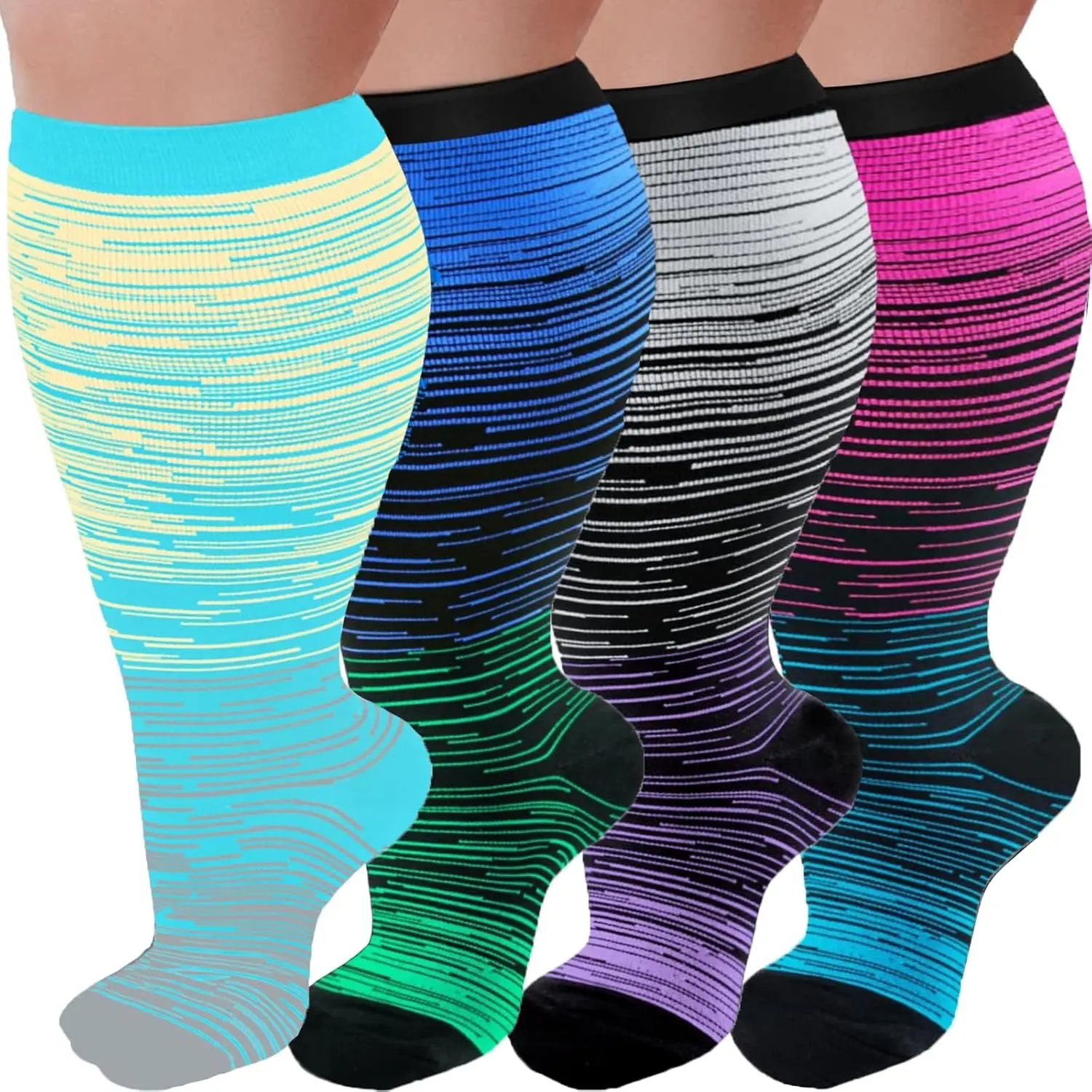 Plus Size Compression Stockings for Male - 4 Pairs, 20-30 mmHg Wide Calf Socks, Best Circulation Support for Running