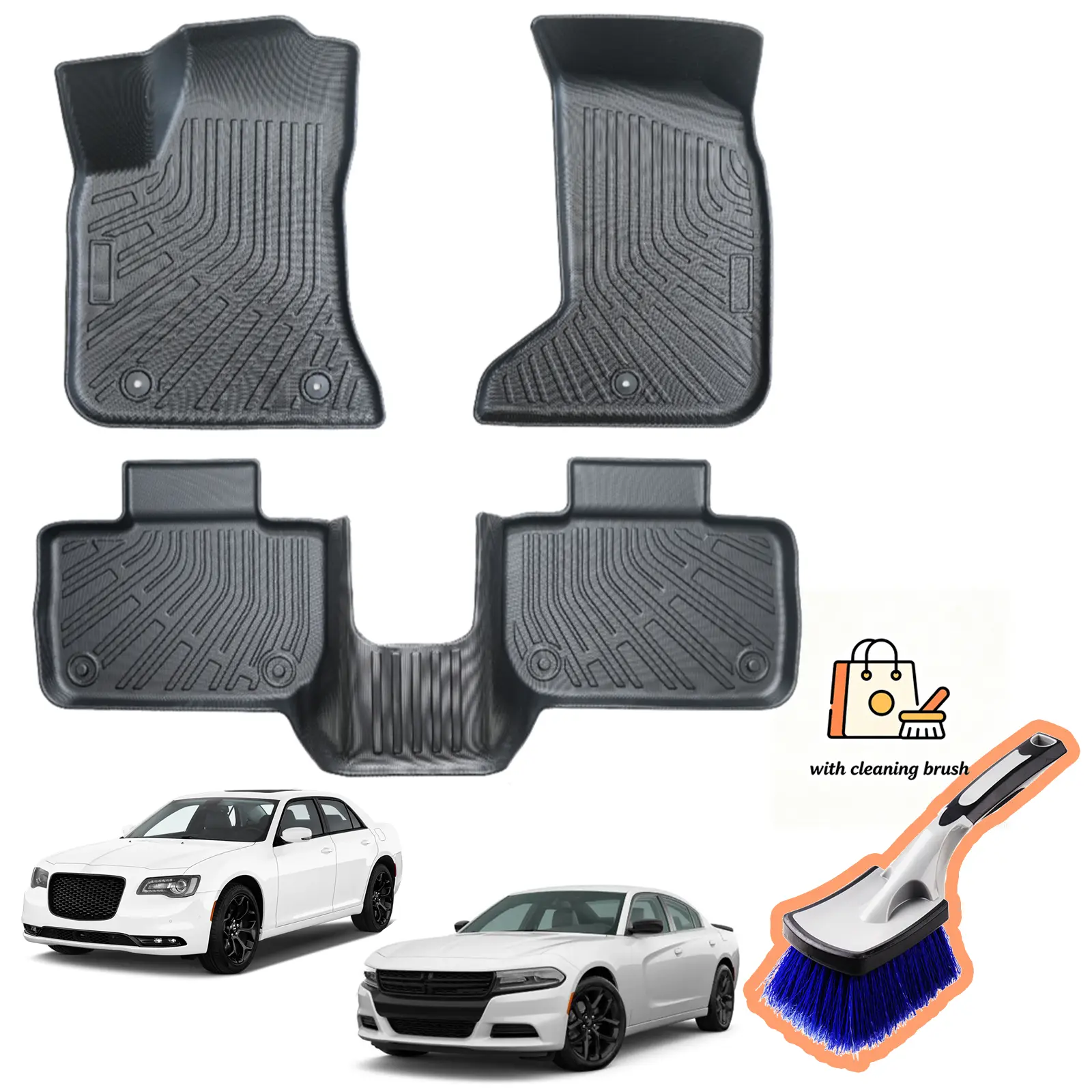 Canvcle TPE Floor Mats for 2011-2023 Dodge Charger AWD & Chrysler 300 AWD (Not RWD), Heavy-Duty All Weather Front & 2nd Row Custom Fit Liners, Buy Now Get Free Cleaning Brush