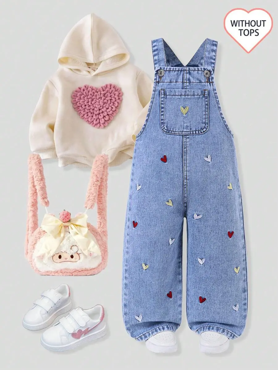 Girls' Denim Overalls, Washed Light Blue, Single Front Pocket With Colorful Heart Embroidery, Cute And Playful, Metal Button Adjustable Straps, Loose Straight Fit, Suitable For Spring And Autumn, Perfect For School, Shopping, Family Outings,
