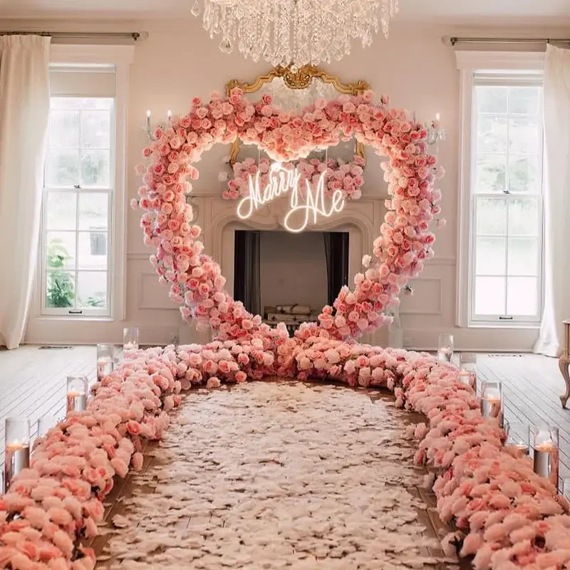 A7448 Luxury Silk Pink Heart-Shaped Metal Stand Floral Arrangement, Decoration Ornaments for Wedding Event Floral Archway, Flower Arrangement