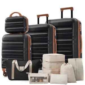 Luggage Set 13 Piece, TSA Lock- Lightweight & Durable Hardshell ABS Suitcases with 8 Silent Spinner Wheels, Durable and Lightweight Travel Luggage for Family Trips, Black+Brown
