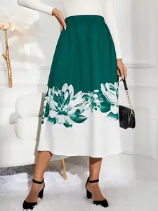 Women's Colorblock Floral Print Versatile Casual Slim Midi Skirt, Stylish Half-Length Dress for Daily Wear, Perfect for Spring & Summer