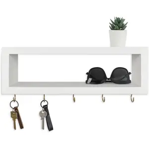 Wall Shelf with Hooks - Decorative Key and Wallet Holder for Wall Holds Sunglasses, Leashes, Scarves and Lanyards - 15.7" x 5.1" x 2.9" Entryway Organizer Made of Paulownia  (White)