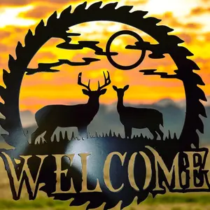 DDC Metalworks Plasma Cut Welcome Sign with Deer Picture, 16"x16", Cut from 14ga Steel, Painted Black, Sawblade Style Design