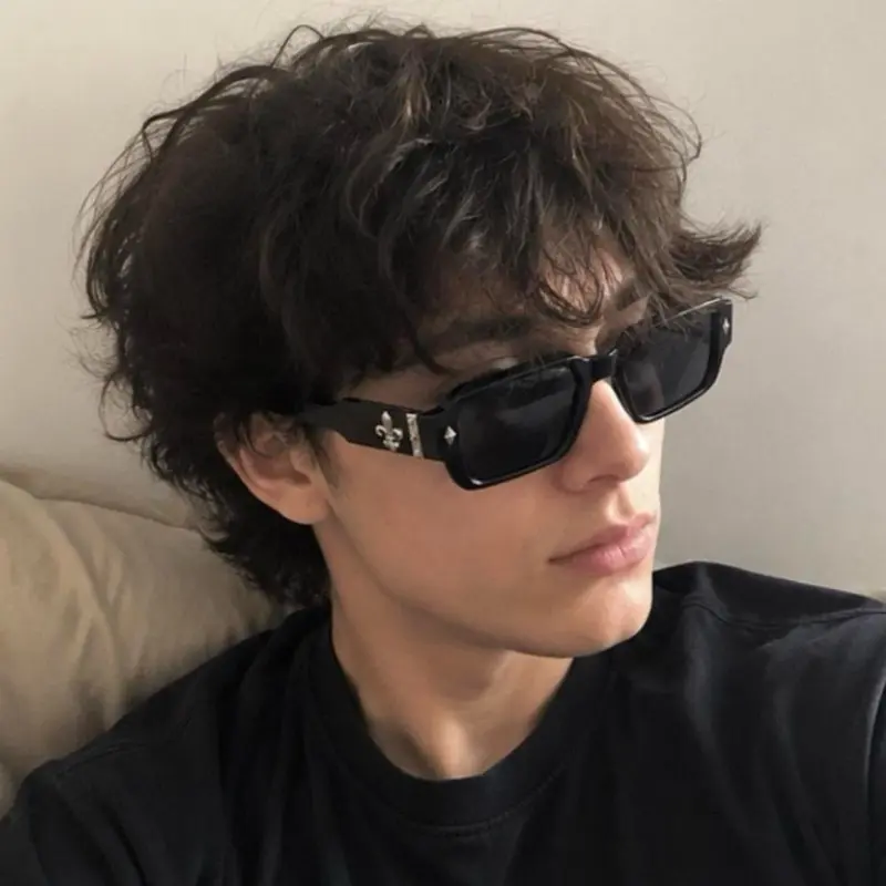 Oversized Rectangle Black Men’s Sunglasses with Silver Fleur De Lis UV400
