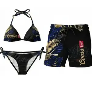 Coors Swimsuits For Couples - Swim Bra & Tie Side Thong Bikini + Men's Beach Shorts, Summer Vacation Swimsuit, Hawaiian Shorts