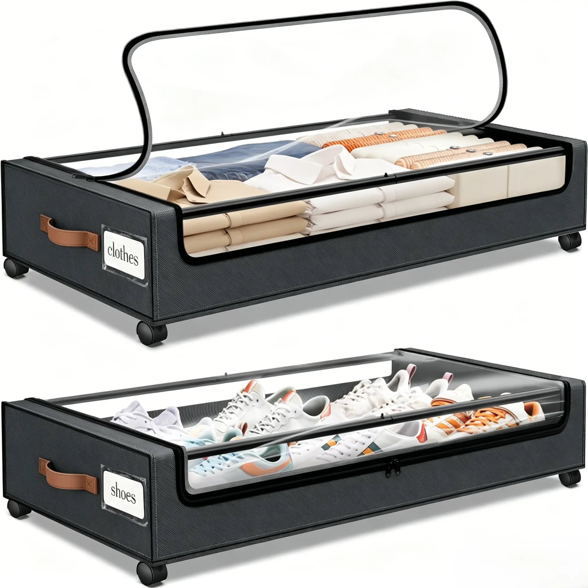 Deals For You Days | Under Bed Storage with Wheels 2Pack Dark Grey 600D Oxford Cloth & Metal Frame Clear Window Label for Clothes Shoes Blankets, Apartment Essentials, Rolling Storage