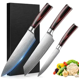 3-Piece Professional Chef Knife Set – Ultra Sharp Japanese Chef Knives with High-Carbon German Stainless Steel Blades, Includes 8-Inch Chef Knife, 7-Inch Santoku Knife, and 5-Inch Utility Knife