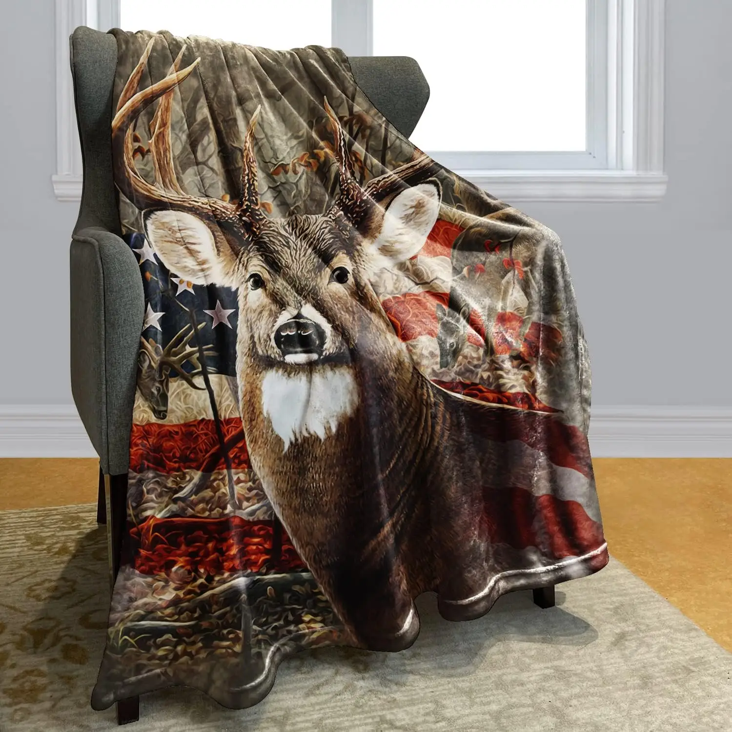 Deer & Flag Pattern Flannel Camping Blanket, Soft Warm Throw Blanket, Air-conditioned Room Decor Blanket, Bedding Supplies for Home Office Travel