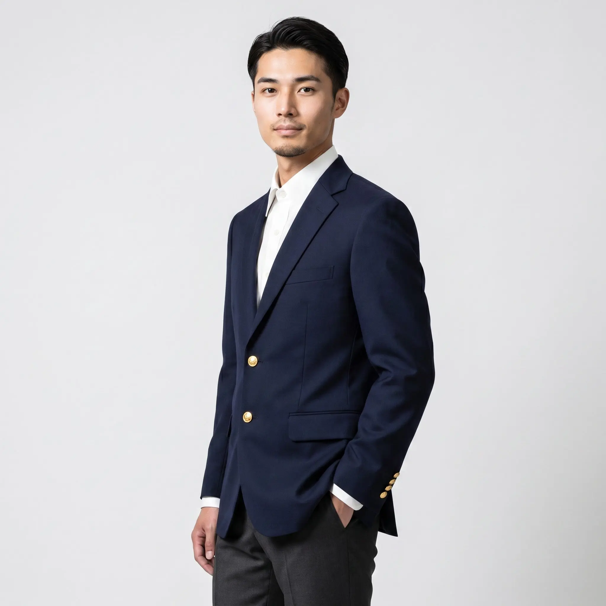 Navy Modern Fit 2 Button Notch Lapel Blazer - Gold Buttons