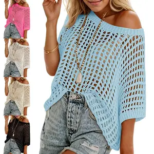 LAICIGO Womens Batwing Short Sleeve Crochet Sweater Tops Oversized Boat Neck Boho Knit Summer Beach Cover Ups