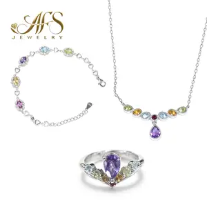 Multi-Gemstone set Necklaces Wedding Party Ring Bracelet for Women Classic Multi Gemstones Silver Necklaces with Amethyst Garnet Morganite Peridot Women Jewelry