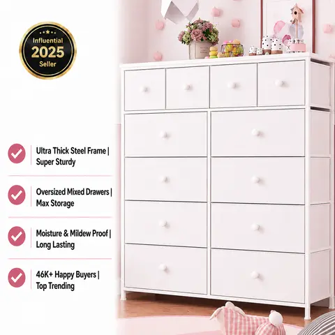 【Limited-Time Offer】Raybee 12 Compact Fabric Drawer Organizer, Space Saving Storage Bins for Closet, Modern Storage Tower for Socks Underwear Makeup, Tall Chest Organizer Unit for Bedroom Office Dorm Room, Steel Frame, Wood Top, Easy to Assemble