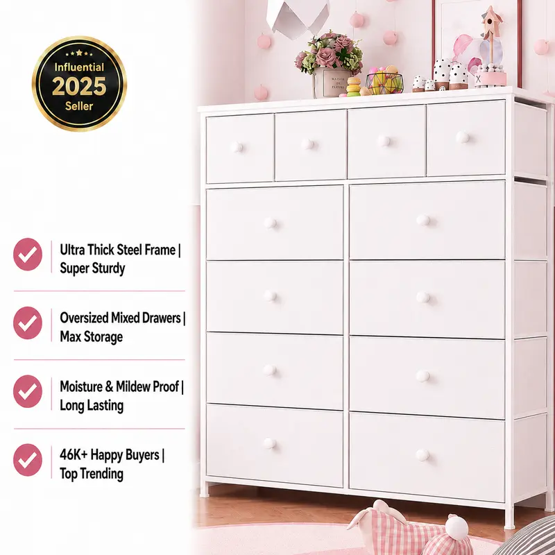 【Limited-Time Offer】Raybee 12 Compact Fabric Drawer Organizer, Space Saving Storage Bins for Closet, Modern Storage Tower for Socks Underwear Makeup, Tall Chest Organizer Unit for Bedroom Office Dorm Room, Steel Frame, Wood Top, Easy to Assemble