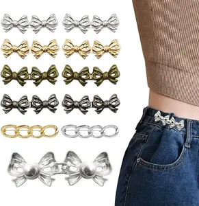 10 Set Pant Waist Tightener Bow Buttons Pins for Loose Jeans Reusable Waist Cincher Clip Metal Brooch for Clothing Dresses Skirts No Sewing Decoration Accessories