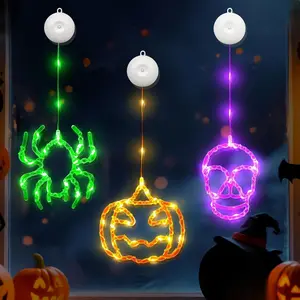 Halloween Decorations Lights, 3er Set Battery Operated Halloween Window Lights with Suction Cup & Hooks, Orange Pumpkin, Green Spider, Purple Skull, 8 Lighting Mode, Timer Function