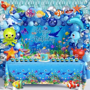 Under The Sea Party Decorations 98PcsOcean Theme Birthday Party Supplies Include Backdrop Tablecloth Bubble Garlands Cake Topper Ocean Animals Balloons For Pool Beach Party Baby Shower (Ocean-01)