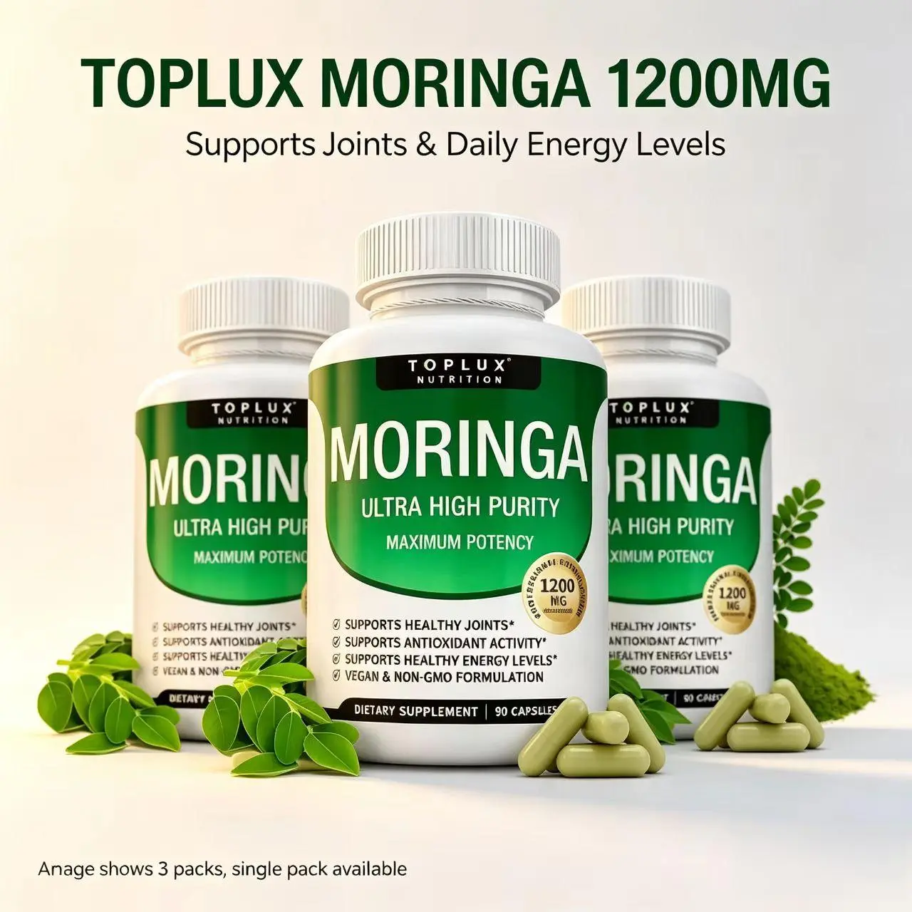 Toplux,2 pack/ Moringa Dietary supplement Capsules 1200mg - Moringa Capsules - Pure Moringa Powder for Immune, Gut health Support the immune system 90 Capsules Natural Green Superfood, Vegan health food Healthcare Edible
