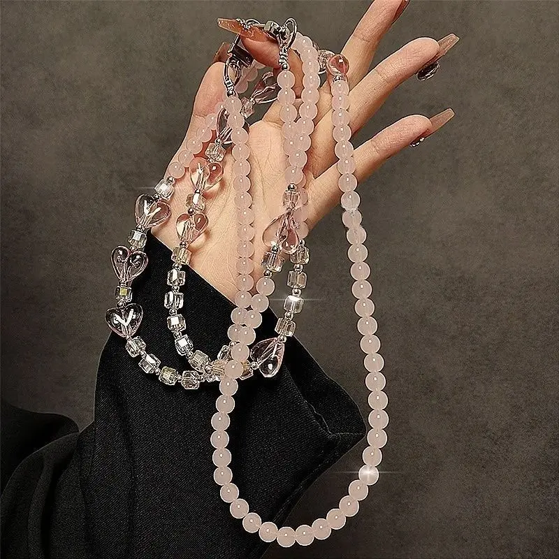 Women's Fashion Crystal Beaded Smartphone Lanyard with Black Cross Chain, Card Holder, Aluminum Alloy Multifunctional Pendant, Long Crossbody Strap for Bag Decor, Camping, Hiking
