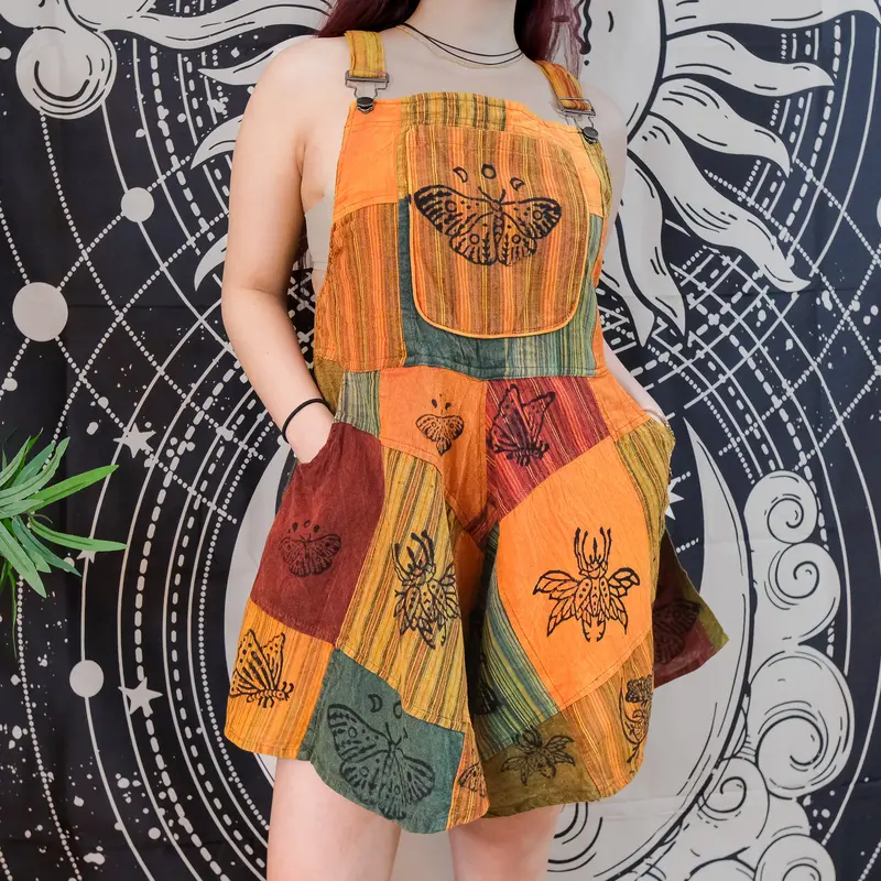 Women's Patchwork Cotton Wide-Leg Romper with Straps - Adjustable, Elastic Bottom, Bohemian Short Jumpsuit, Plus Size Clothes, Hippie Goth Vintage Outfit, Whimsical Clothes, Summer 1-Piece Overalls