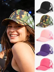 1PC men's and women's checked camouflage mesh trucker cap, versatile checkered mesh cap, adjustable for summer daily golf, picnic, outdoor hiking and sun protection, suitable for travel as a lightweight sun hat